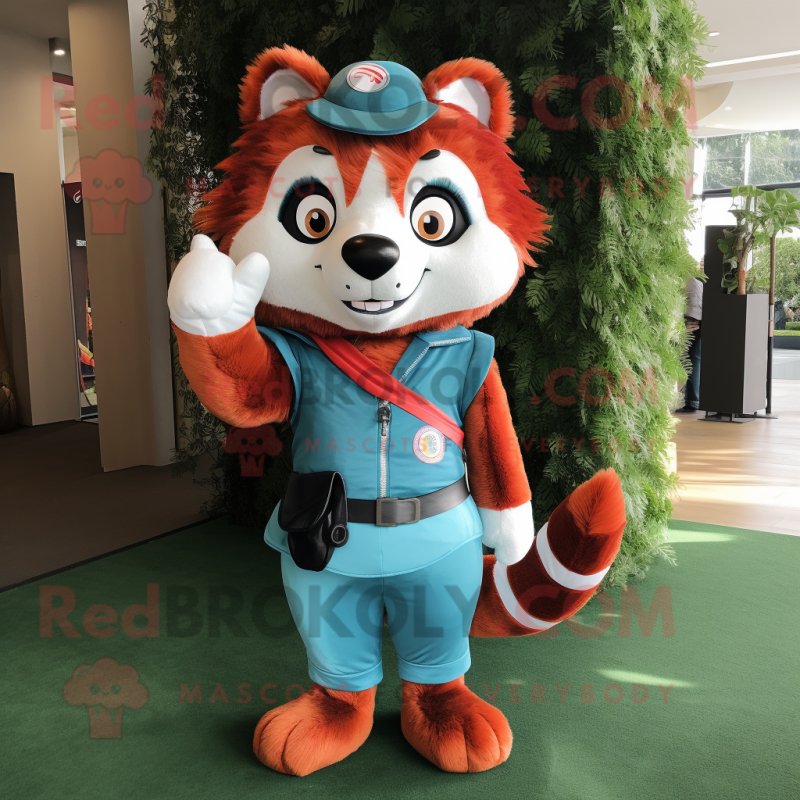 Sky Blue Red Panda mascot costume character dressed with a Chinos and Brooches