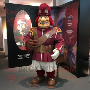 Maroon Soldier mascot costume character dressed with a Rugby Shirt and Shawls