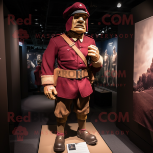 Maroon Soldier mascot costume character dressed with a Rugby Shirt and Shawls