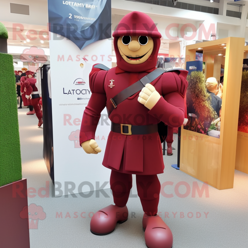 Maroon Soldier mascot costume character dressed with a Rugby Shirt and Shawls Maroon Soldier mascot costume character dressed with a Rugby Shirt and Shawls