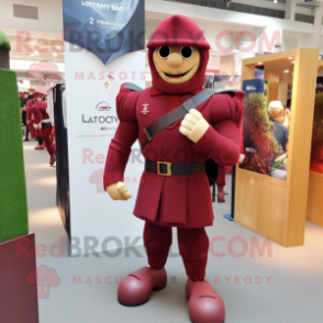 Maroon Soldier mascot costume character dressed with a Rugby Shirt and Shawls