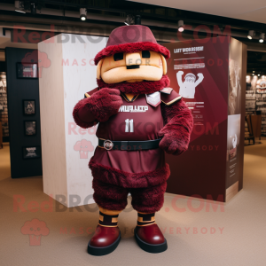 Maroon Soldier mascot costume character dressed with a Rugby Shirt and Shawls