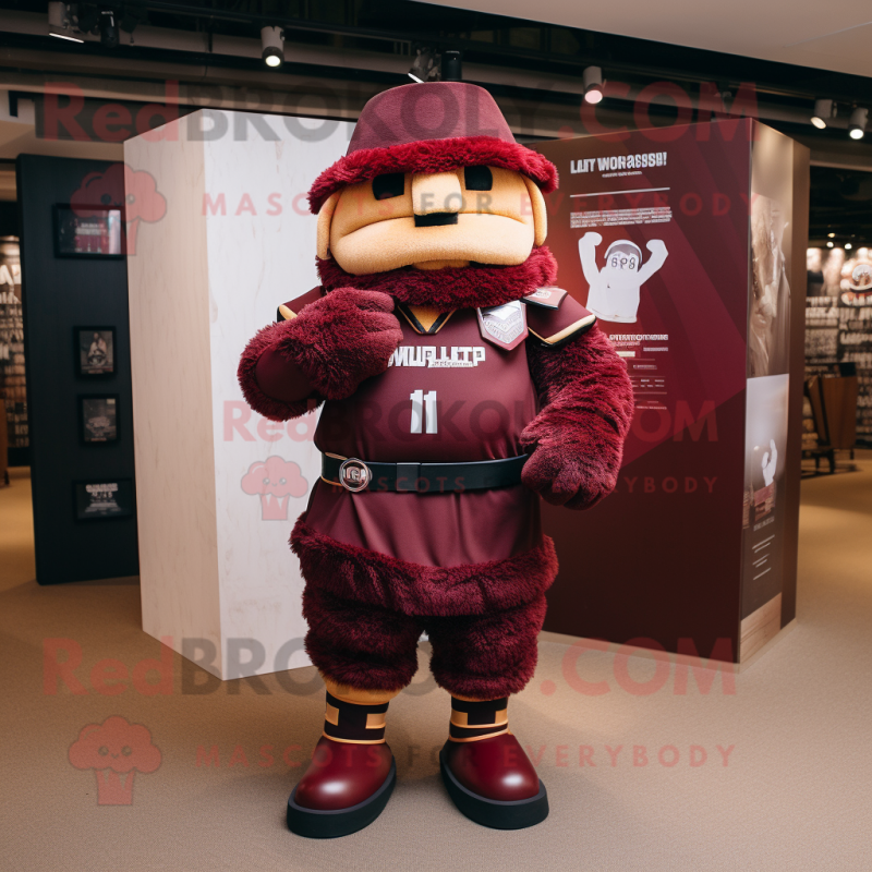 Maroon Soldier mascot costume character dressed with a Rugby Shirt and Shawls Maroon Soldier mascot costume character dressed with a Rugby Shirt and Shawls