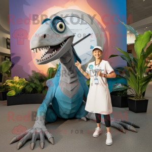 Silver Dimorphodon mascot costume character dressed with a Maxi Skirt and Smartwatches