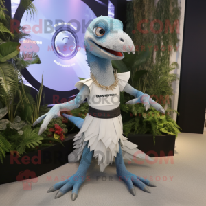 Silver Dimorphodon mascot costume character dressed with a Maxi Skirt and Smartwatches