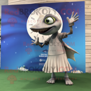 Silver Dimorphodon mascot costume character dressed with a Maxi Skirt and Smartwatches