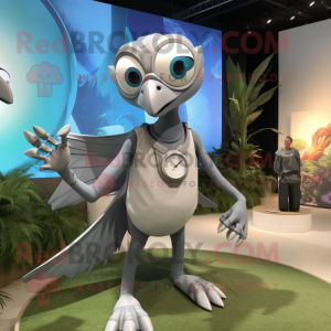 Silver Dimorphodon mascot costume character dressed with a Maxi Skirt and Smartwatches