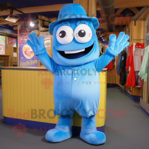 Blue Pho mascot costume character dressed with a Dungarees and Clutch bags