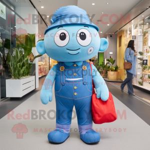 Blue Pho mascot costume character dressed with a Dungarees and Clutch bags