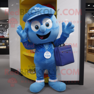 Blue Pho mascot costume character dressed with a Dungarees and Clutch bags