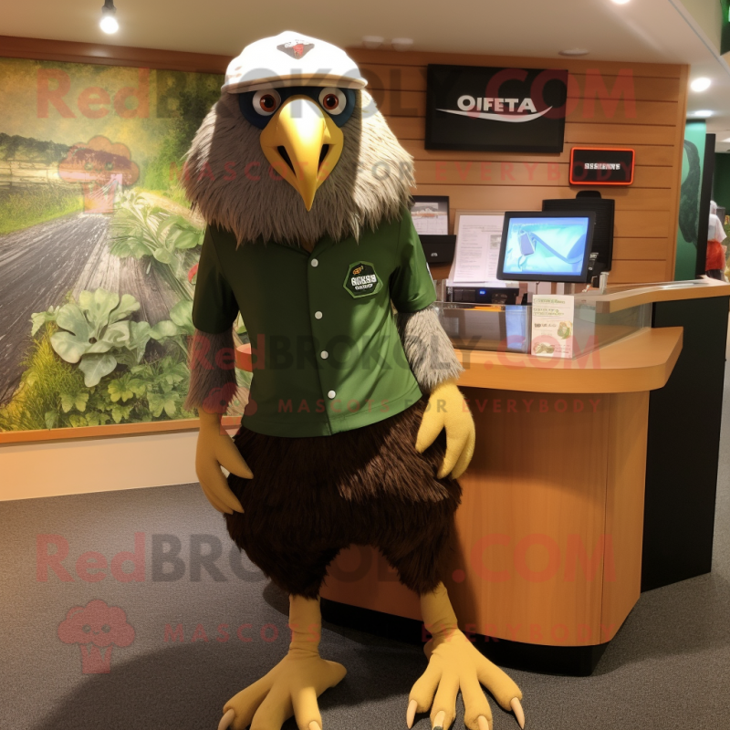 Olive Haast'S Eagle mascot costume character dressed with a Mini Skirt and Caps Olive Haast'S Eagle mascot costume character dressed with a Mini Skirt and Caps