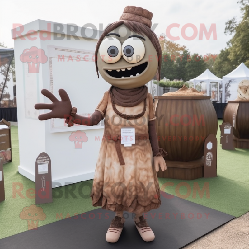 Brown Graveyard mascot costume character dressed with a Midi Dress and Shoe laces