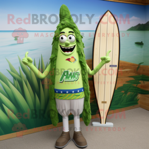 nan Asparagus mascot costume character dressed with a Board Shorts and Lapel pins