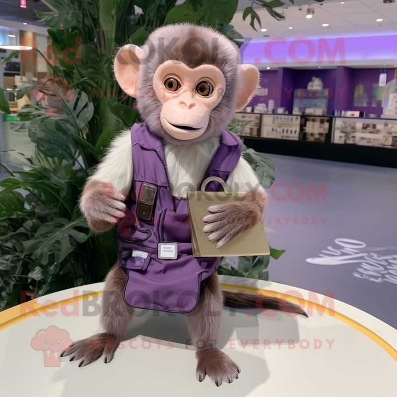 Lavender Capuchin Monkey mascot costume character dressed with a Playsuit and Wallets