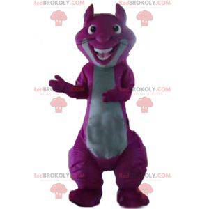 Mascote esquilo gigante e colorido, roxo e cinza -