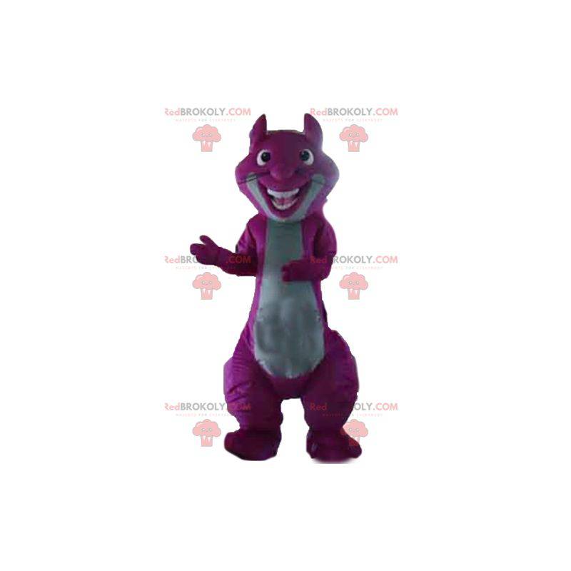 Mascota ardilla gigante y colorida púrpura y gris -