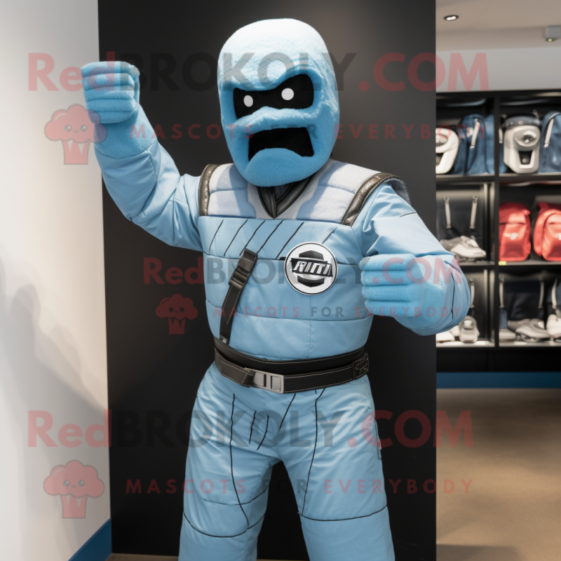 Sky Blue Gi Joe mascot costume character dressed with a Waistcoat and Shawl pins