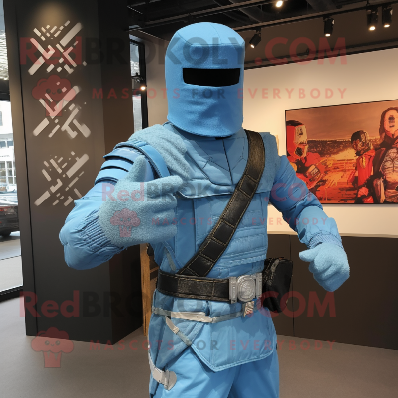 Sky Blue Gi Joe mascot costume character dressed with a Waistcoat and Shawl pins