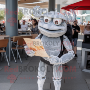 Silver Crab Cakes mascot costume character dressed with a Skinny Jeans and Reading glasses