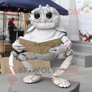 Silver Crab Cakes mascot costume character dressed with a Skinny Jeans and Reading glasses