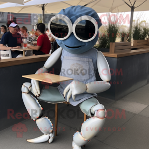 Silver Crab Cakes mascot costume character dressed with a Skinny Jeans and Reading glasses