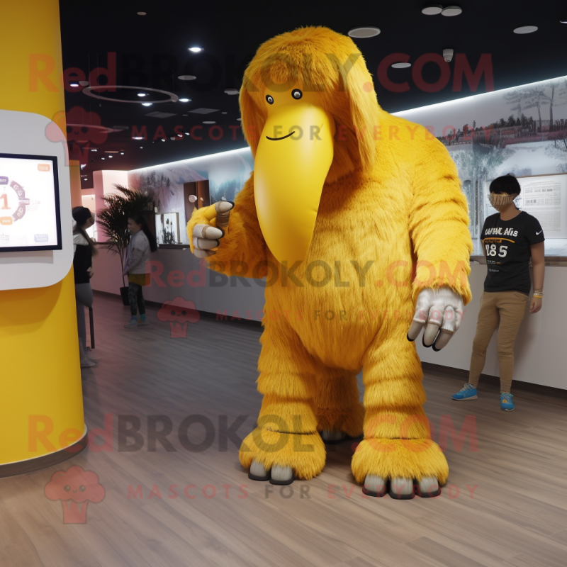 Yellow Mammoth mascot costume character dressed with a Jeggings and Digital watches