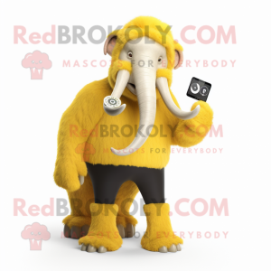 Yellow Mammoth mascot costume character dressed with a Jeggings and Digital watches