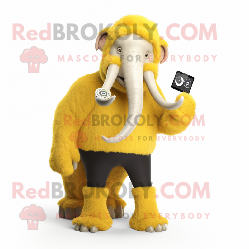 Yellow Mammoth mascot costume character dressed with a Jeggings and Digital watches Yellow Mammoth mascot costume character dressed with a Jeggings and Digital watches