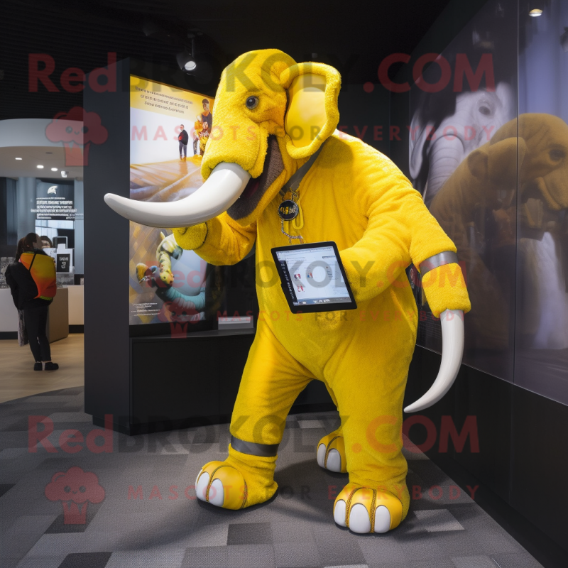 Yellow Mammoth mascot costume character dressed with a Jeggings and Digital watches Yellow Mammoth mascot costume character dressed with a Jeggings and Digital watches