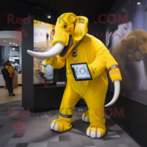 Yellow Mammoth mascot costume character dressed with a Jeggings and Digital watches