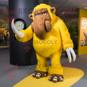 Yellow Mammoth mascot costume character dressed with a Jeggings and Digital watches