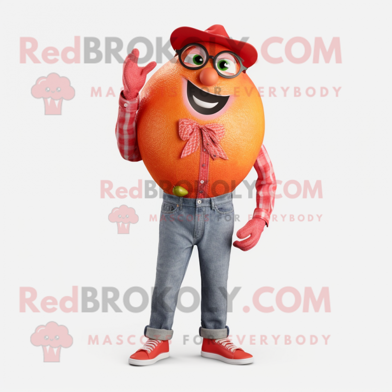 Red Grapefruit mascot costume character dressed with a Jeans and Eyeglasses