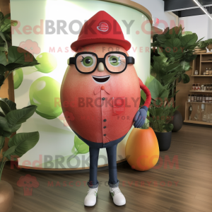 Red Grapefruit mascot costume character dressed with a Jeans and Eyeglasses