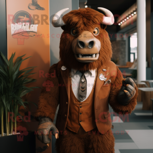 Rust Bison mascot costume character dressed with a Suit and Wraps