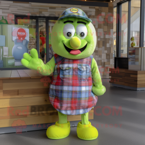 Lime Green Rainbow mascot costume character dressed with a Flannel Shirt and Earrings