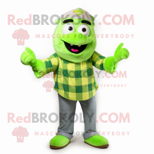Lime Green Rainbow mascot costume character dressed with a Flannel Shirt and Earrings