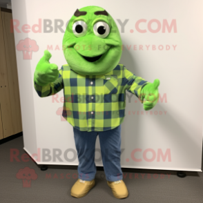 Lime Green Rainbow mascot costume character dressed with a Flannel Shirt and Earrings