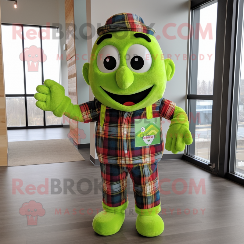 Lime Green Rainbow mascot costume character dressed with a Flannel Shirt and Earrings