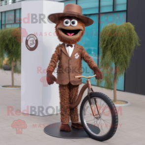 Brown Unicyclist mascot costume character dressed with a Suit and Necklaces