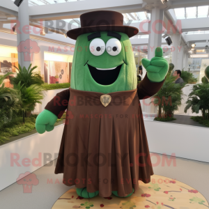 Brown Cucumber mascot costume character dressed with a Maxi Skirt and Cufflinks