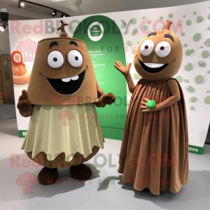 Brown Cucumber mascot costume character dressed with a Maxi Skirt and Cufflinks