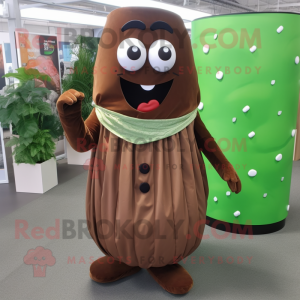 Brown Cucumber mascot costume character dressed with a Maxi Skirt and Cufflinks