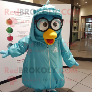 Teal Pear mascot costume character dressed with a Windbreaker and Reading glasses