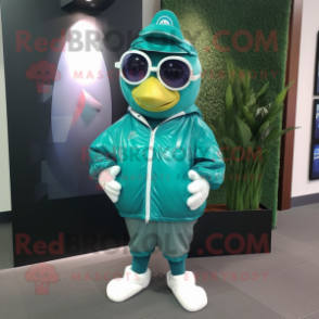 Teal Pear mascot costume character dressed with a Windbreaker and Reading glasses