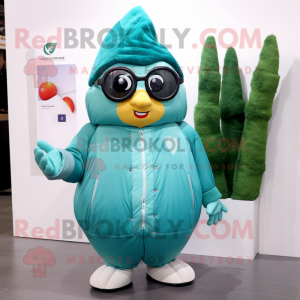 Teal Pear mascot costume character dressed with a Windbreaker and Reading glasses