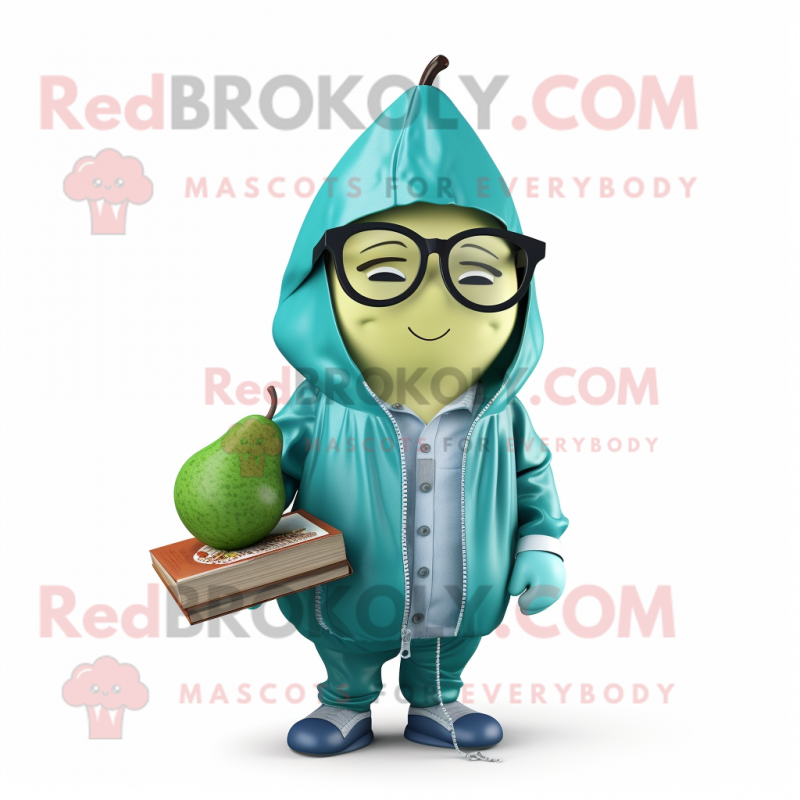 Teal Pear mascot costume character dressed with a Windbreaker and Reading glasses