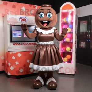 Brown Gumball Machine mascot costume character dressed with a Skirt and Gloves