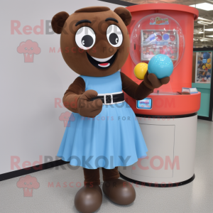 Brown Gumball Machine mascot costume character dressed with a Skirt and Gloves