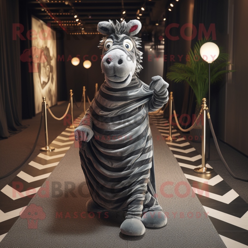 Gray Zebra mascot costume character dressed with a Evening Gown and Wraps