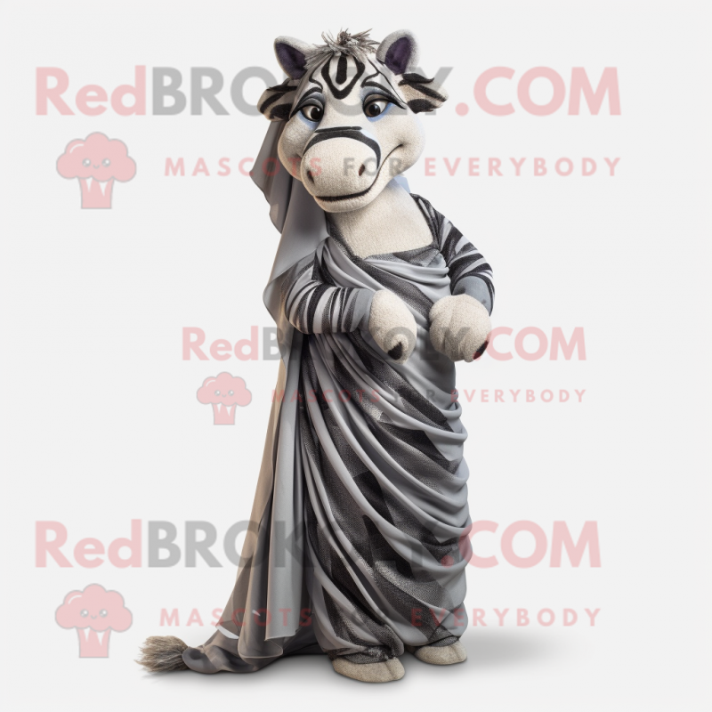 Gray Zebra mascot costume character dressed with a Evening Gown and Wraps